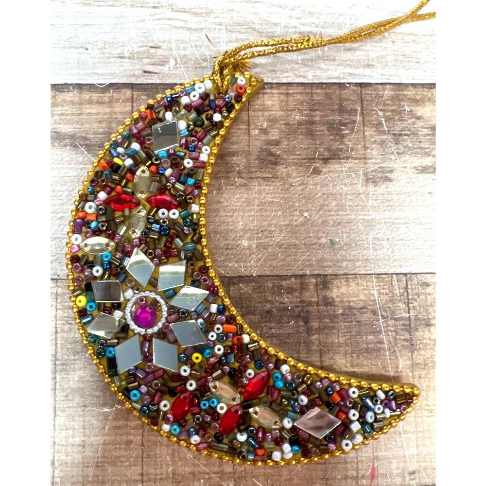 Handcrafted Crescent-Shaped Ornament With Multicolored Beads Glass Accents